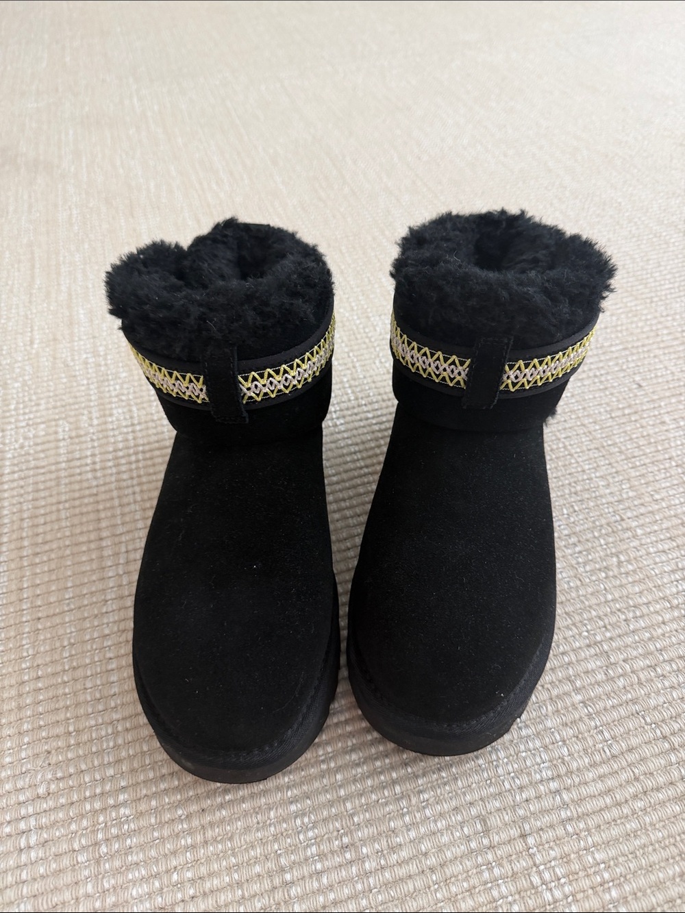UGG Black Shearling-Trim Ankle Boots with Woven Accent